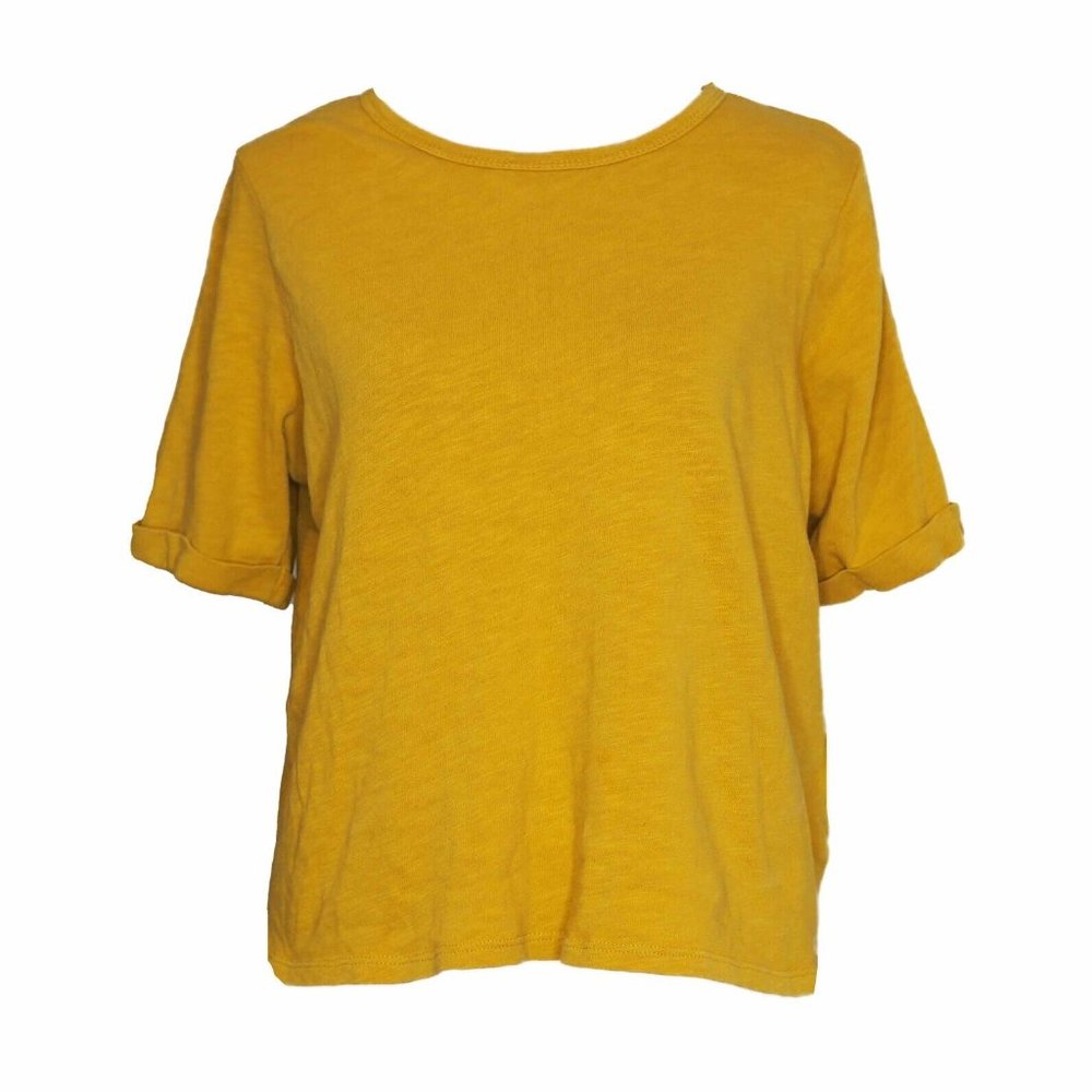 Anthropologie PURE + GOOD S Tee Boxy Tshirt Gold Yellow Mustard Cotton Cropped
